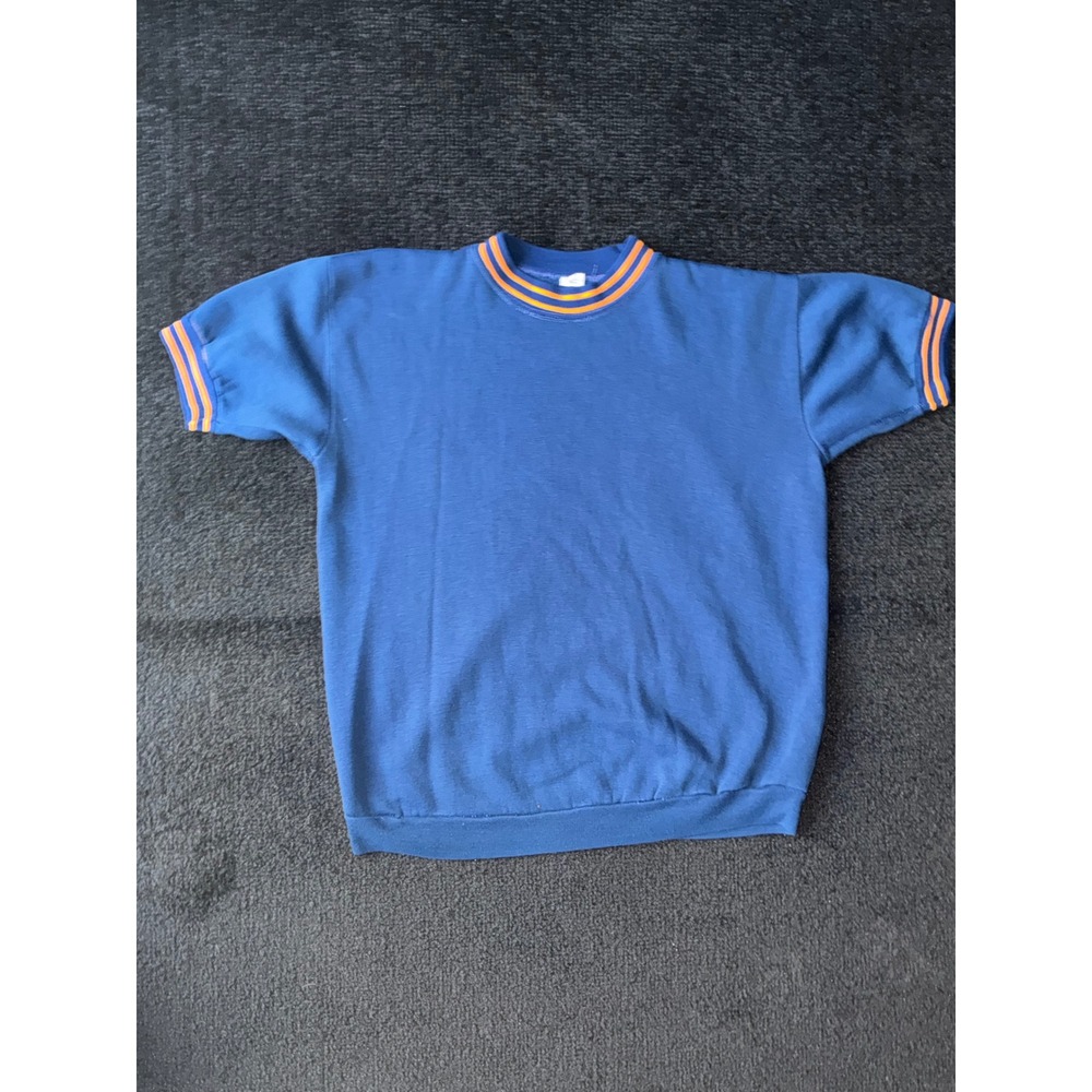 Vintage Royal Blue Short Sleeve Sweatshirt Orange Striped Trim Crew Neck Retro